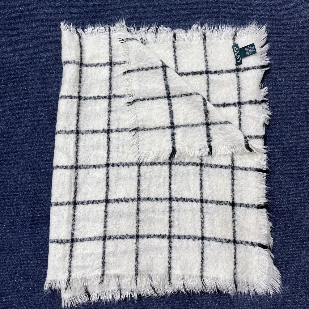 Lauren Ralph Lauren Scarf Womens White Black Windowpane Plaid Fringe Wrap Shawl
